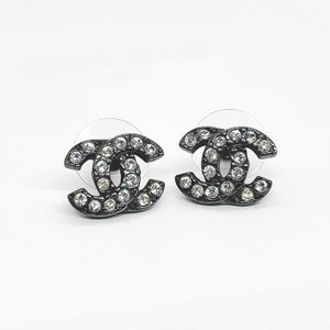 CHANEL Gunmetal Gray Black Crystal Bling CC Earrings